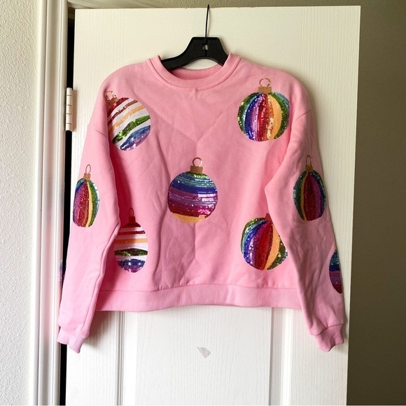 QOS Sweatshirt Kids Mega Ornament Embellish Sequin Rainbow Christmas Pink L GUC - Picture 2 of 7